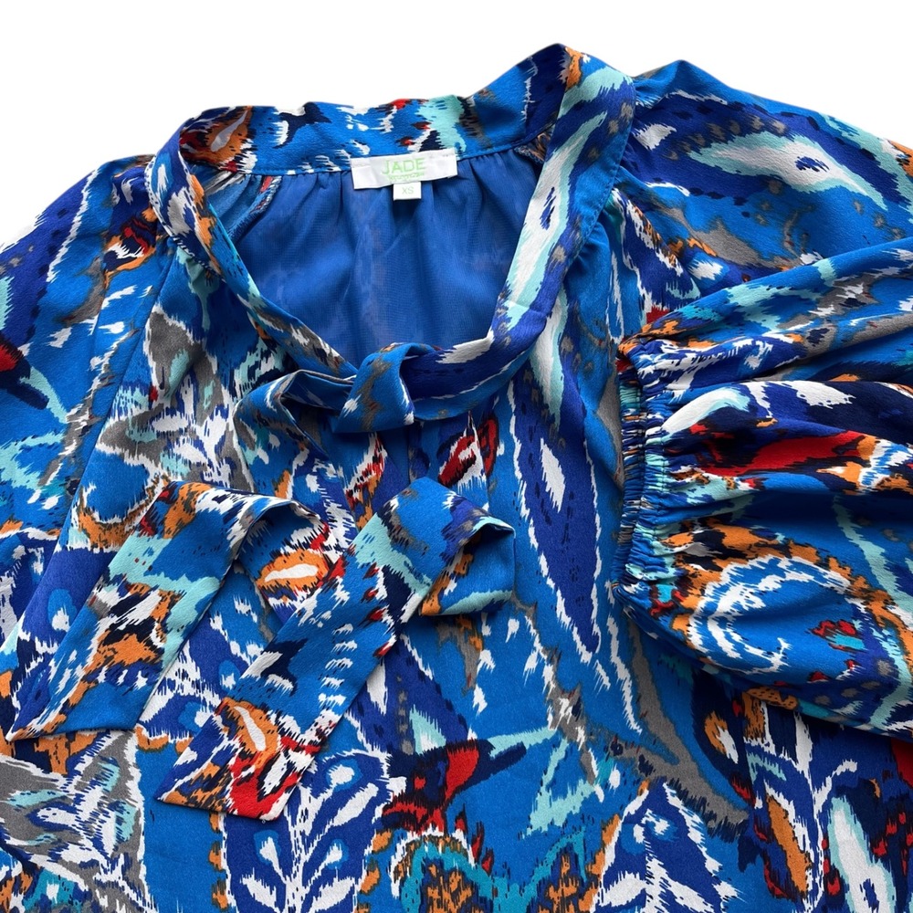 Jade Melody Tam Anthropologie XS Blue Ikat Paisley Tieneck Balloon Sleeve Blouse